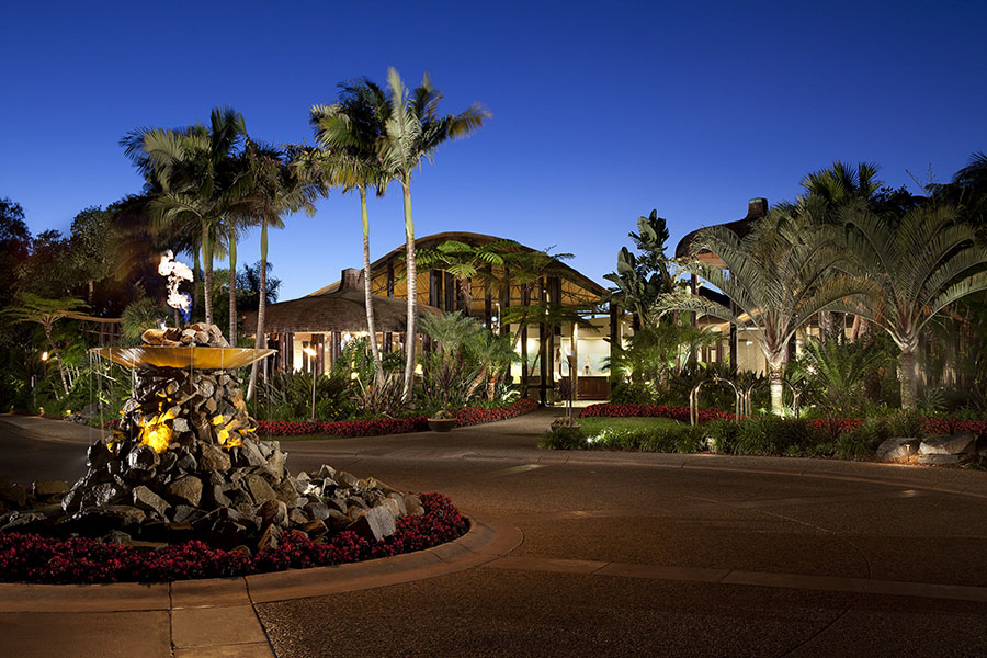 Front entrance landscaped with palm trees at dusk