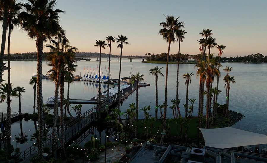 Aerial view of marina at dusk