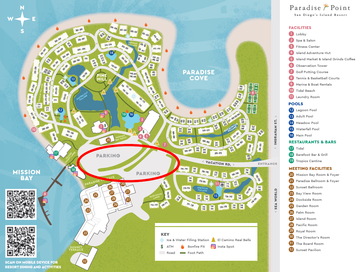 Guide map of Paradise Point Resort.