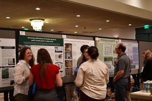 Attendees networking at an academic poster session.